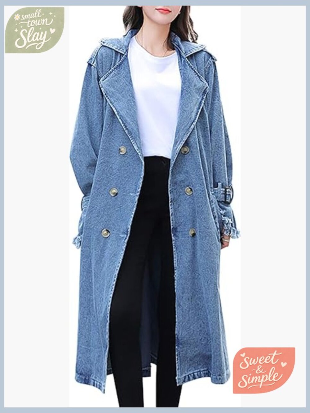 Women's Long Denim Jacket with Belt Oversized Trench Coat Button Down Spring - Picture 1 of 5